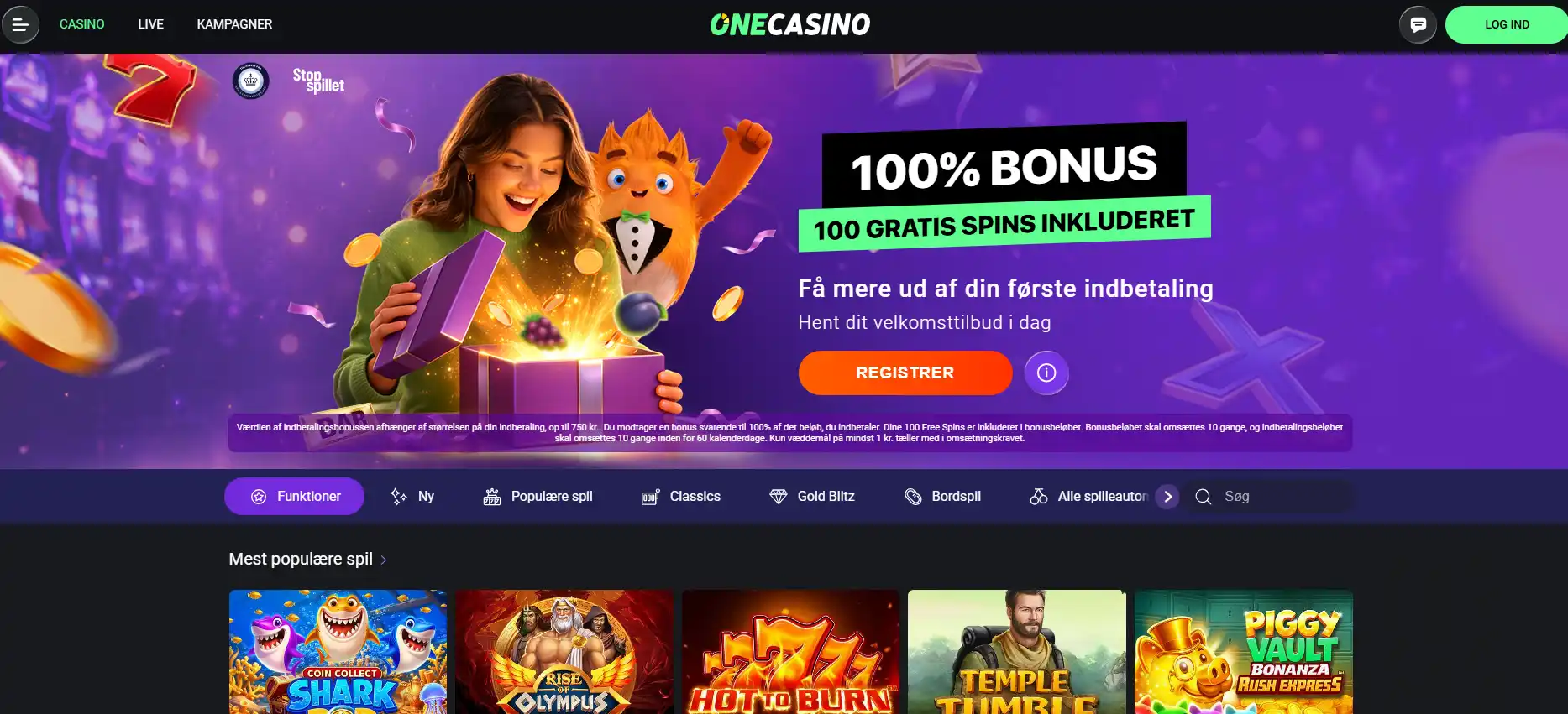 Skærmbillede af OneCasinos danske forside med navigation og spilsektion