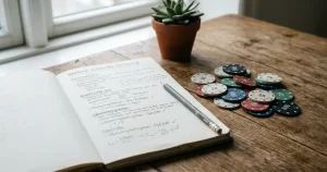 Opslået notesbog med håndskrevne regnestykker ved siden af en lommeregner og spillebrikker