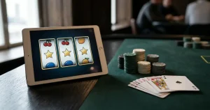 Spilleautomat på en skærm ved siden af et grønt bord med kort og spillebrikker