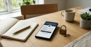 Mobiltelefon med neutral loginskærm ved siden af en notesbog og en lås