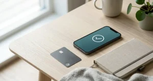 Mobiltelefon ved siden af et almindeligt betalingskort og en lukket notesbog på et lyst bord